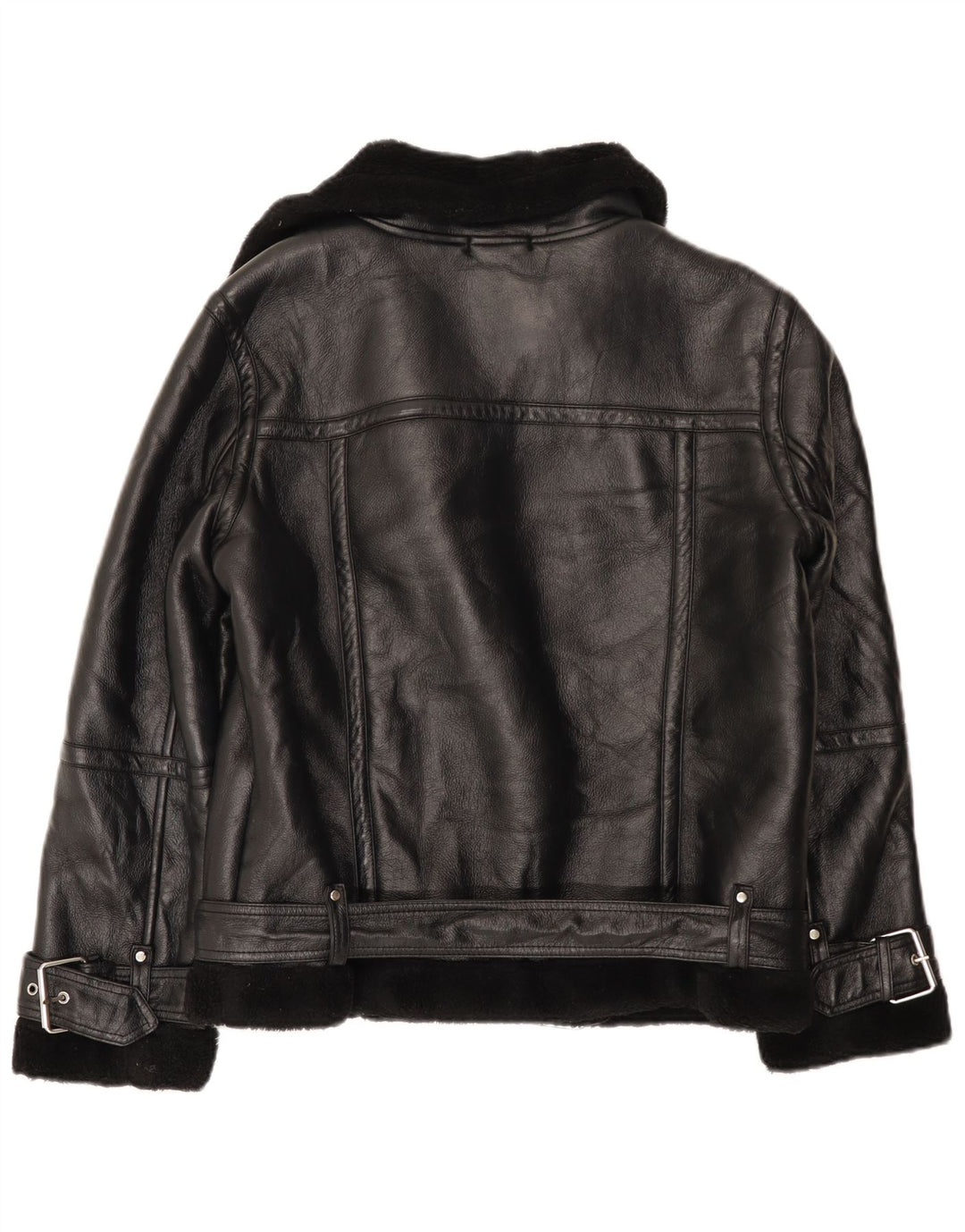 Topshop Womens Oversized Sherpa Biker Jacket UK 10 Small Black Polyurethane