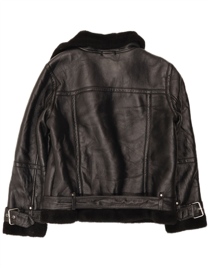 Topshop Womens Oversized Sherpa Biker Jacket UK 10 Small Black Polyurethane