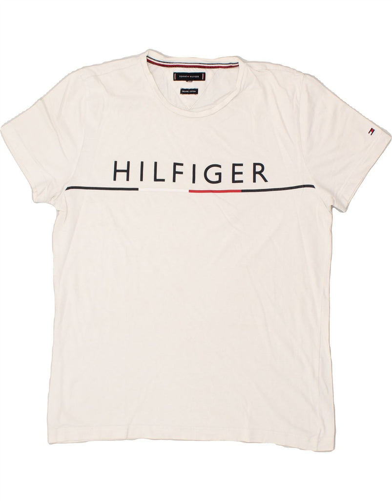 TOMMY HILFIGER Mens Graphic T-Shirt Top Medium White | Vintage Tommy Hilfiger | Thrift | Second-Hand Tommy Hilfiger | Used Clothing | Messina Hembry 