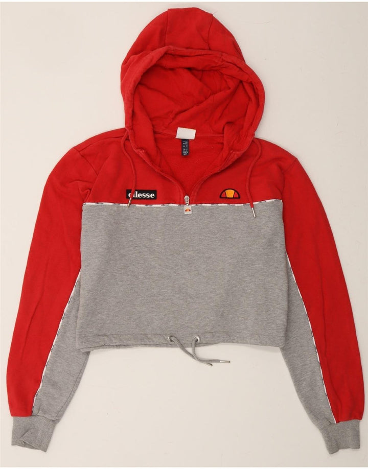 ELLESSE Womens Oversized Crop Hoodie Jumper UK 12 Medium Red Colourblock Vintage Ellesse and Second-Hand Ellesse from Messina Hembry 