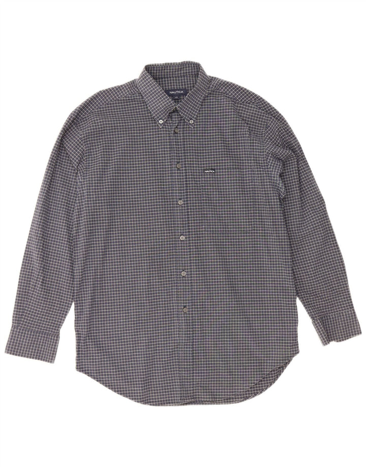 Nautica Mens Shirt Large Navy Blue Check Cotton
