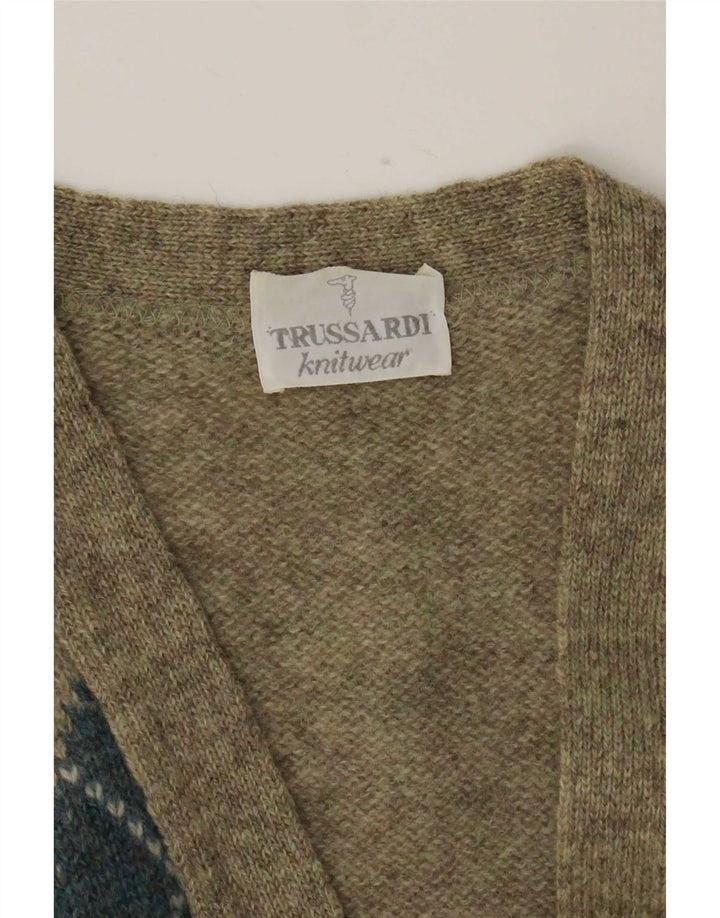 Trussardi Mens Cardigan Sweater Large Khaki Argyle/Diamond