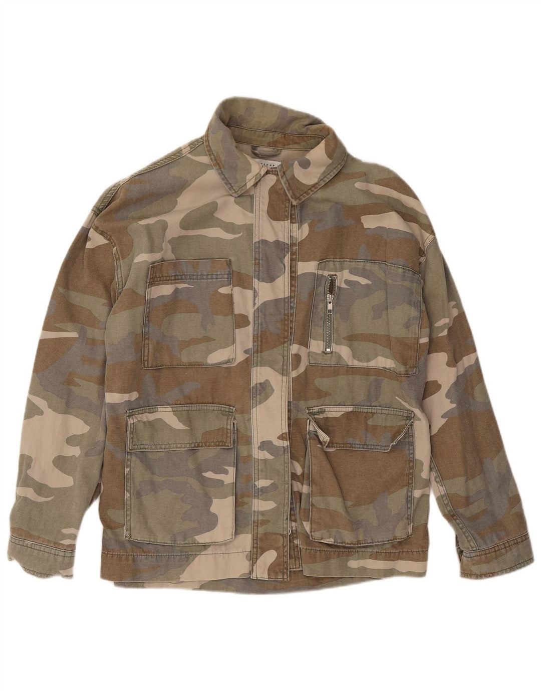 Topshop Womens Oversized Utility Jacket UK 10 Small Khaki Camouflage Cotton