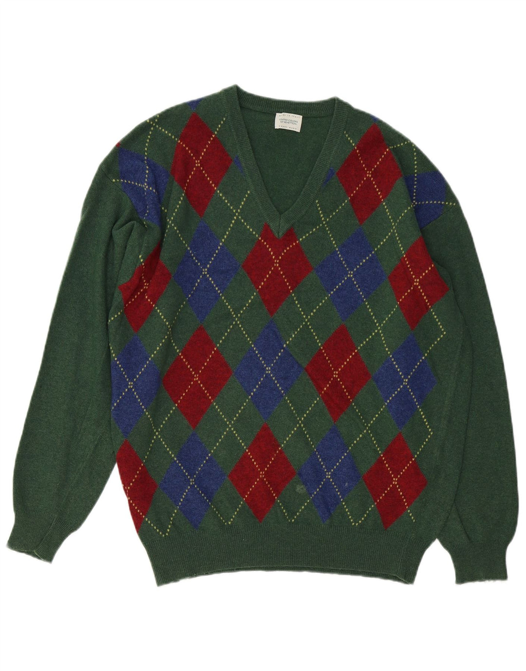 BENETTON Mens V-Neck Jumper Sweater Medium Green Argyle/Diamond Wool