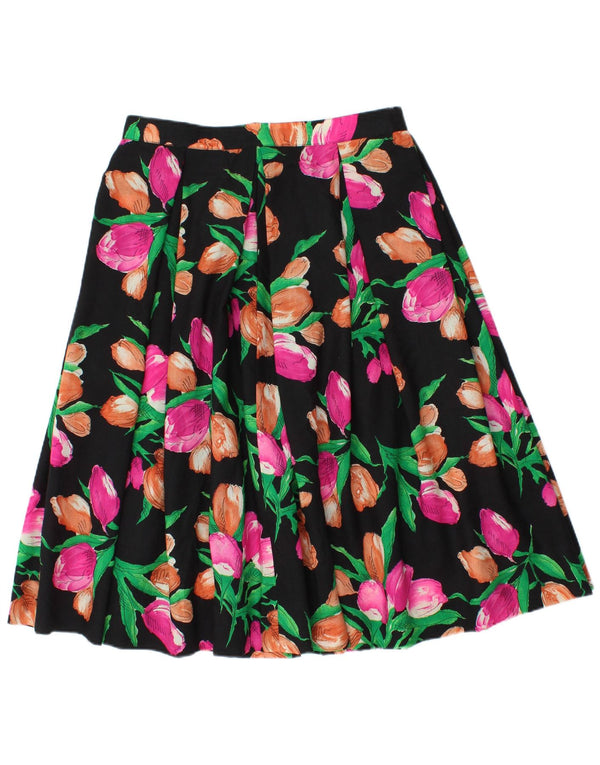 Vintage Womens Pleated A-Line Skirt W30 Medium Black Floral