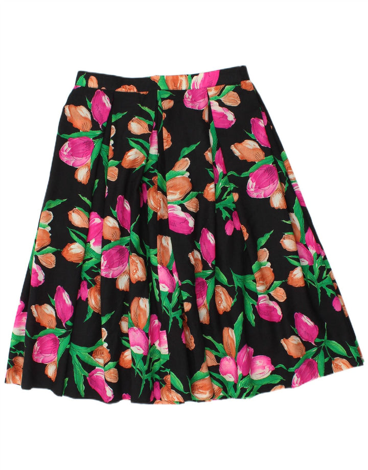 Vintage Womens Pleated A-Line Skirt W30 Medium Black Floral