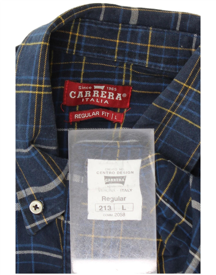 Carrera Mens Regular Fit Flannel Shirt Large Navy Blue Check Cotton