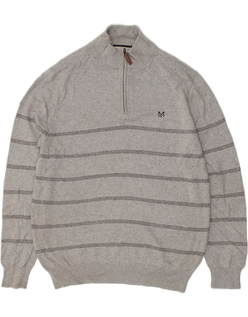 CREW CLOTHING Mens Zip Neck Jumper Sweater 2XL Grey Striped Cotton | Vintage Crew Clothing | Thrift | Second-Hand Crew Clothing | Used Clothing | Messina Hembry 