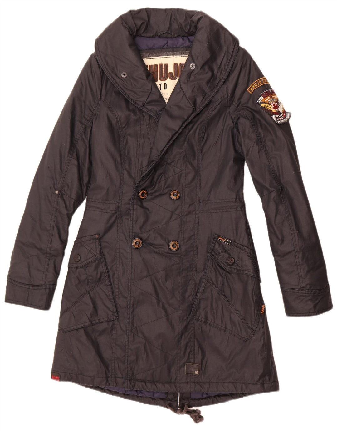 KHUJO Womens Double Breasted Parka Jacket UK 10 Small Black