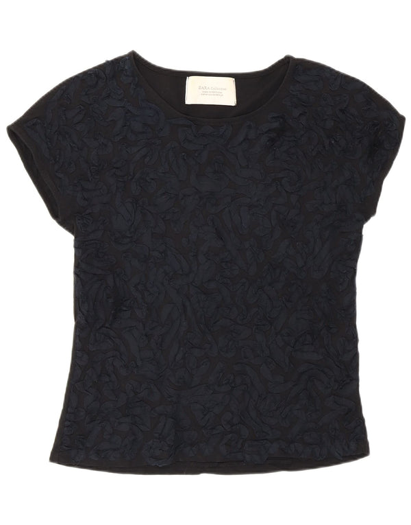 Zara Womens Abstract Pattern T-Shirt Top UK 12 Medium Black Cotton