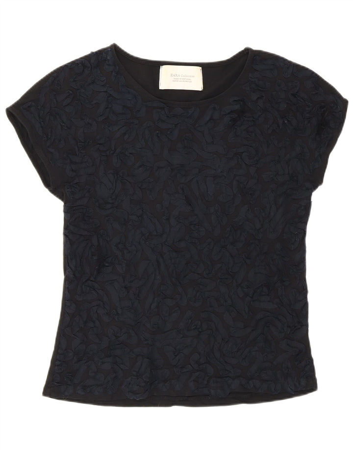Zara Womens Abstract Pattern T-Shirt Top UK 12 Medium Black Cotton
