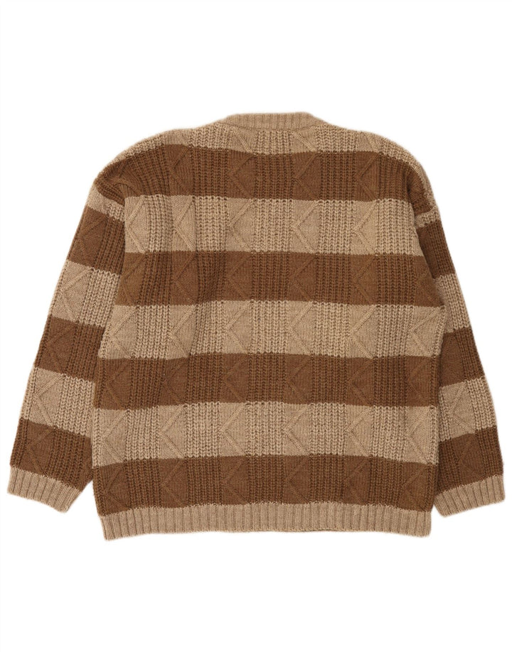 Vintage Mens Crew Neck Jumper Sweater Large Brown Striped