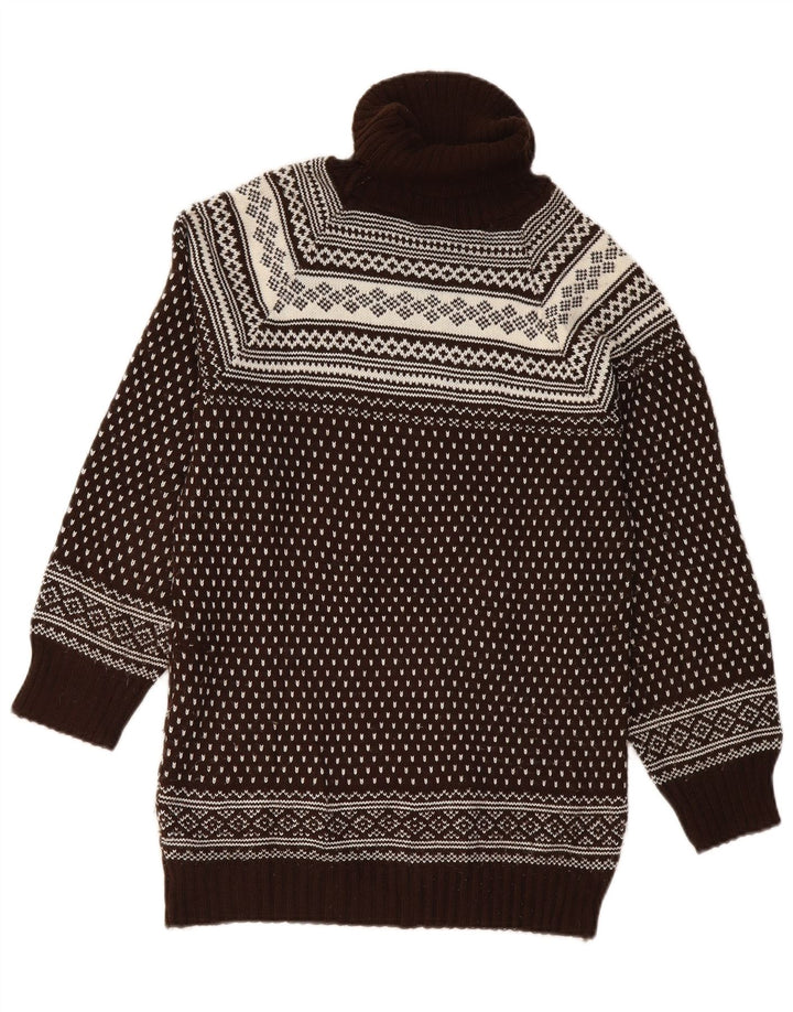 Vintage Mens Roll Neck Jumper Sweater UK 12 Medium Brown Fair Isle