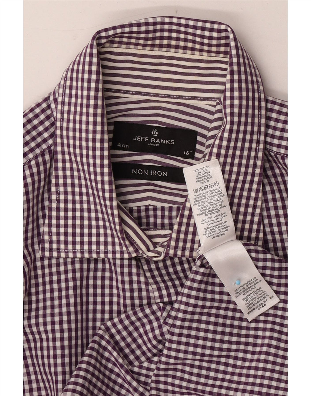 Jeff Banks Mens Shirt Size 41 16 Large Purple Gingham Cotton