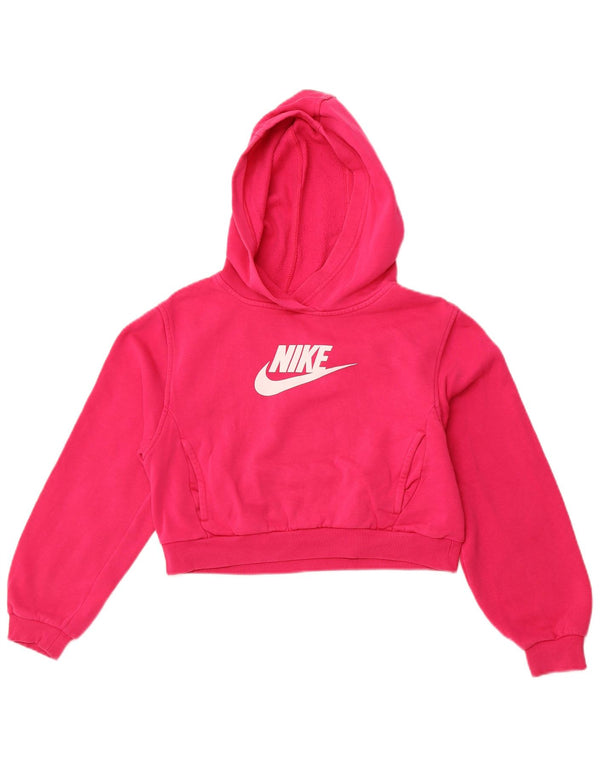 NIKE Girls Crop Graphic Hoodie Jumper 12-13 Years Large  Pink Cotton