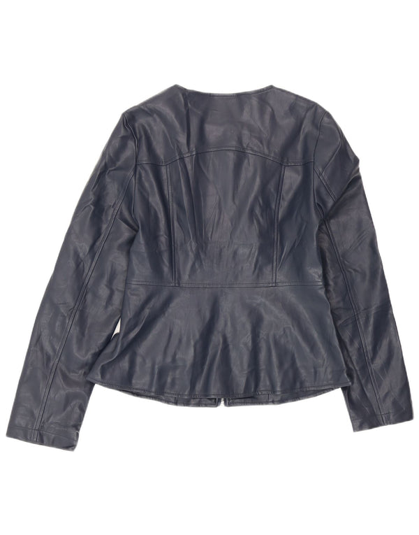 Zara Womens Faux Leather Jacket UK 12 Medium Navy Blue Polyester