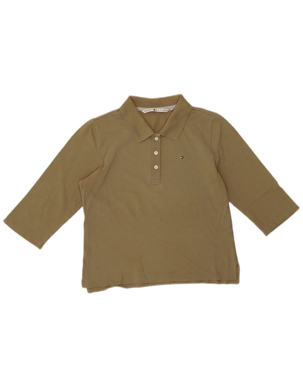 Tommy Hilfiger Womens Crop 3/4 Sleeve Polo Shirt UK 14 Large Khaki Cotton