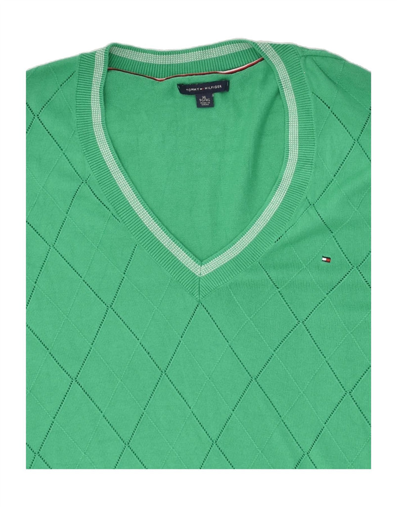 TOMMY HILFIGER Womens V-Neck Jumper Sweater UK 18 XL Green Argyle/Diamond | Vintage Tommy Hilfiger | Thrift | Second-Hand Tommy Hilfiger | Used Clothing | Messina Hembry 