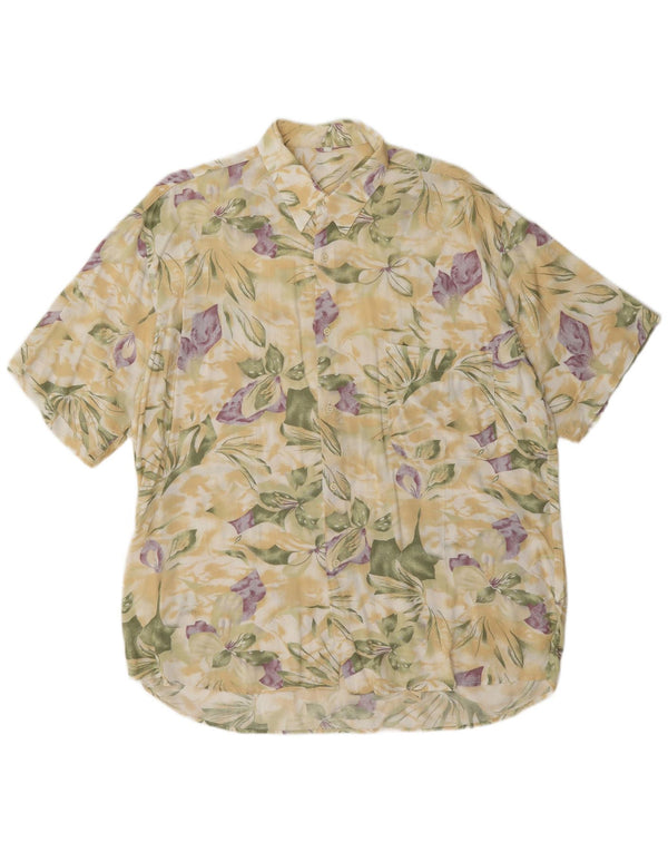 Vintage Mens Short Sleeve Shirt Large Beige Floral Viscose