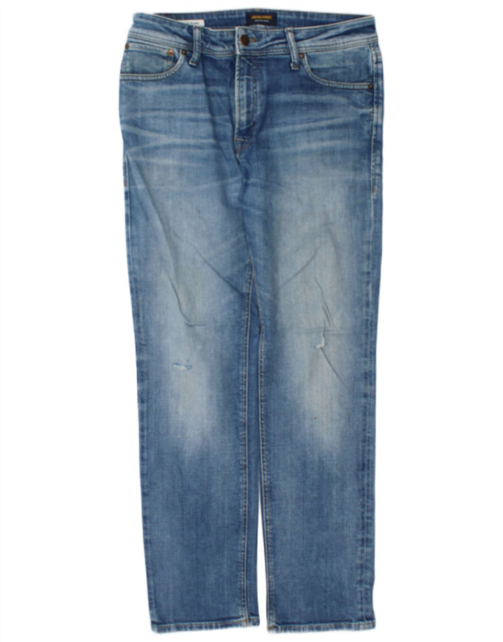 Jack & Jones Mens Distressed Straight Jeans W32 L32 Blue Cotton