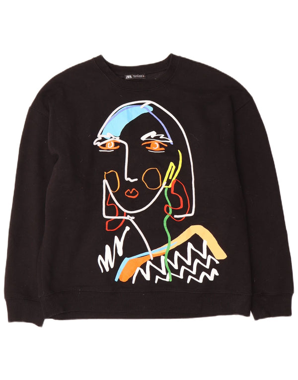 Zara Womens Graphic Oversized Sweatshirt Jumper UK 10 Small Black Cotton