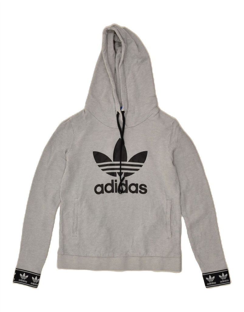 ADIDAS Womens Graphic Hoodie Jumper UK 10 Small Grey Polyester | Vintage Adidas | Thrift | Second-Hand Adidas | Used Clothing | Messina Hembry 