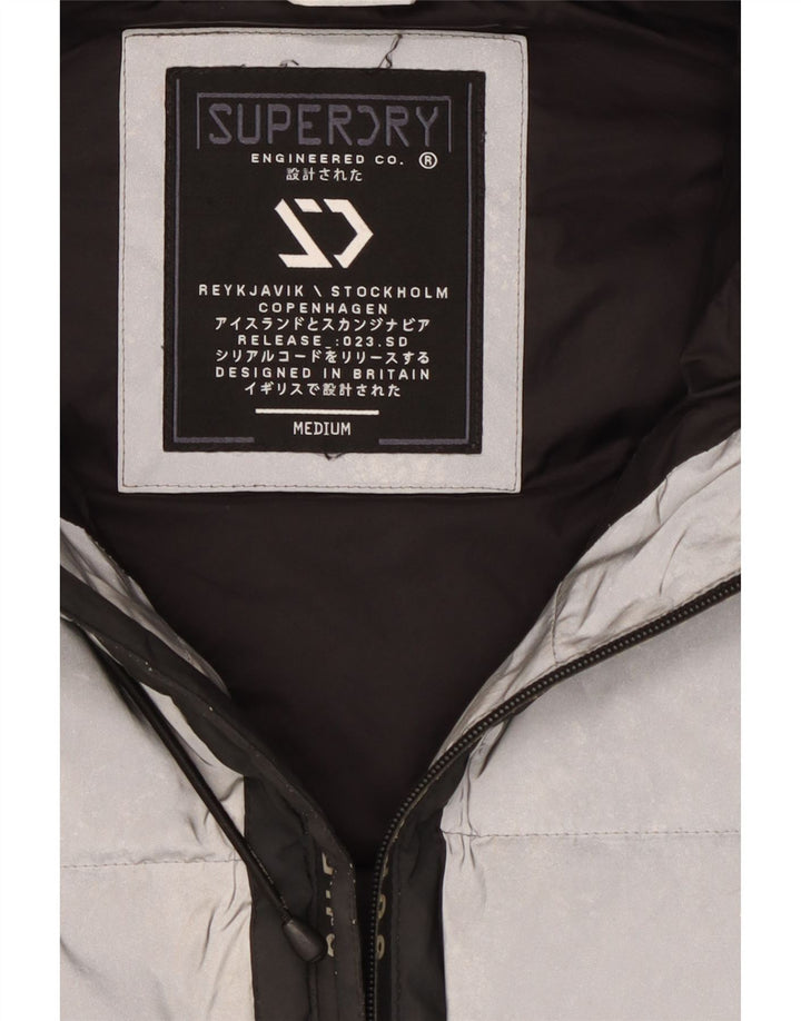 Superdry Mens Graphic Hooded Padded Jacket UK 38 Medium Silver Colourblock