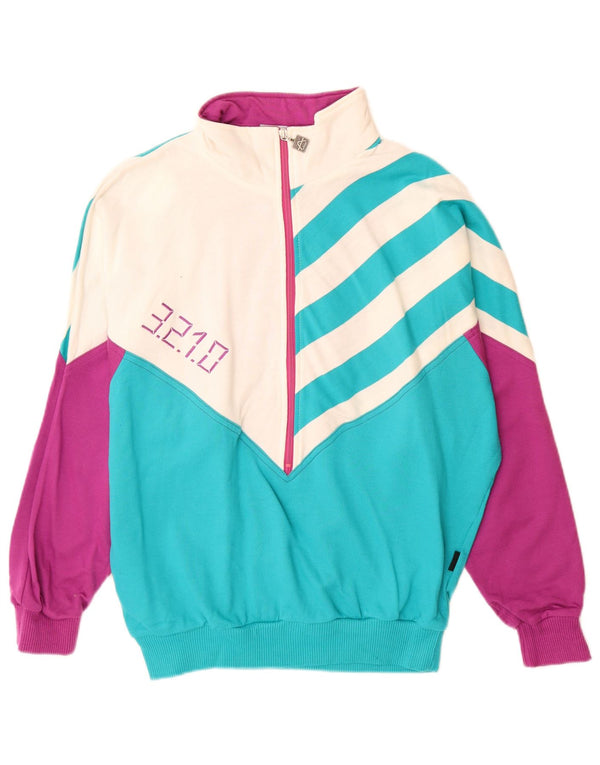 Vintage Womens Graphic Sweatshirt Jumper UK 12 Medium Blue Colourblock