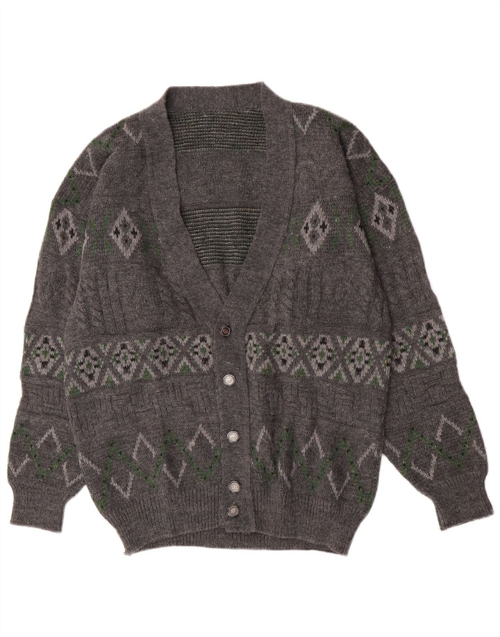 Vintage Mens Cardigan Sweater Large Grey Geometric Wool