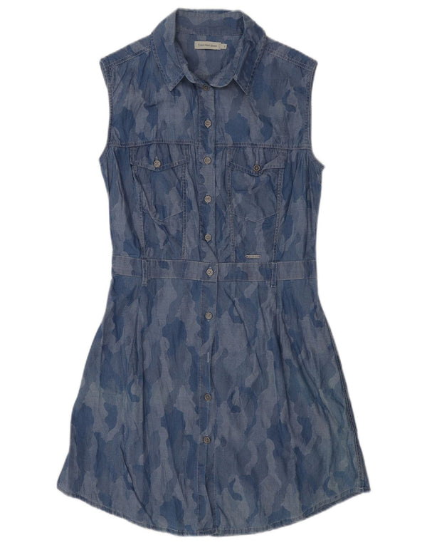 Calvin Klein Womens Sleeveless Shirt Dress UK 10 Small Blue Camouflage