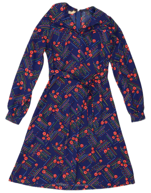 Vintage Womens Long Sleeve A-Line Dress UK 14 Medium Blue Floral