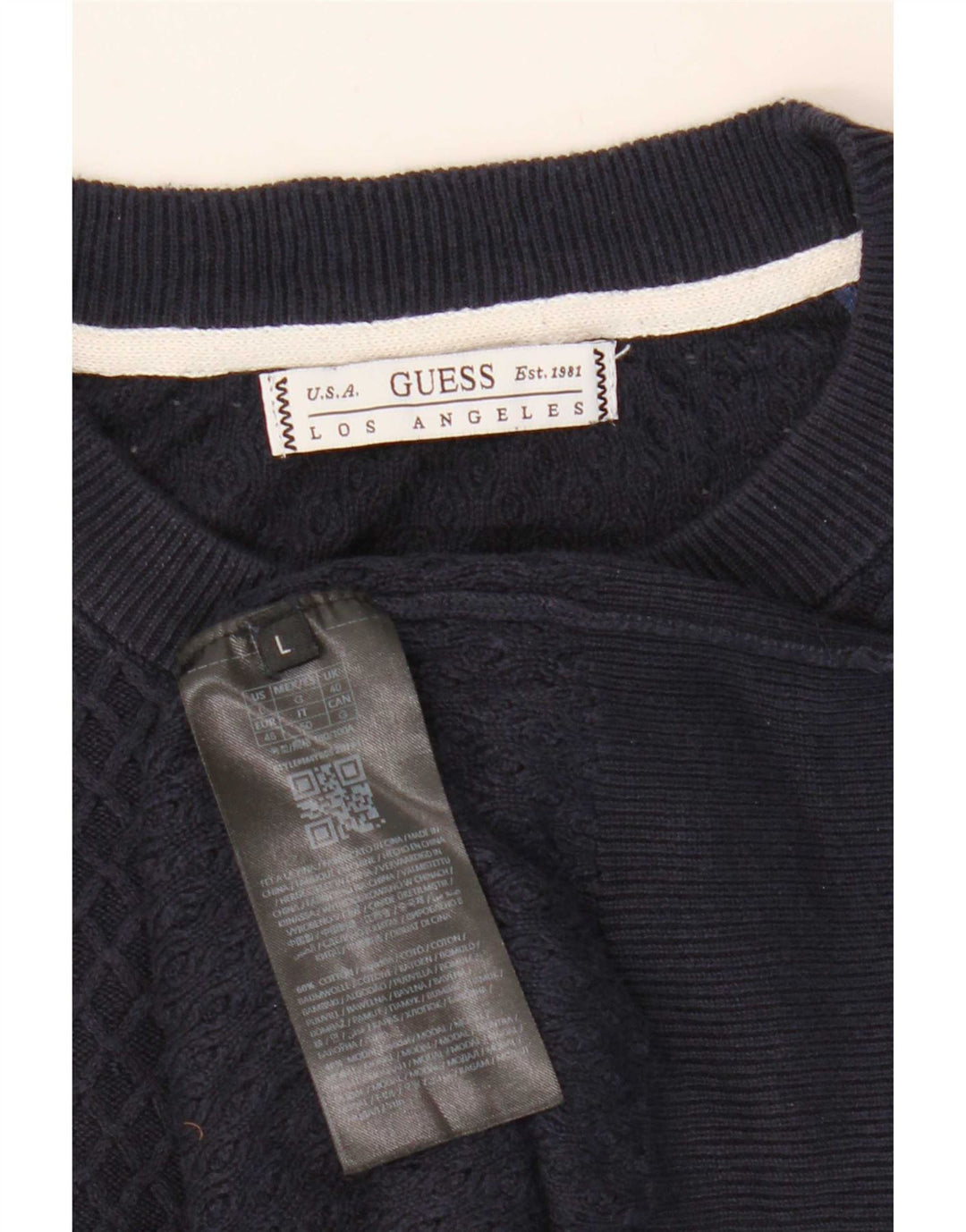Guess Mens Crew Neck Jumper Sweater Large Navy Blue Cotton