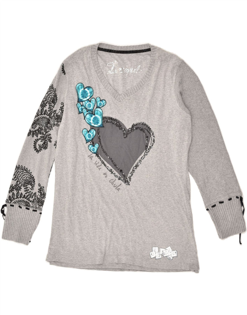 DESIGUAL Girls Graphic Top Long Sleeve 13-14 Years 2XL Grey Floral Cotton | Vintage Desigual | Thrift | Second-Hand Desigual | Used Clothing | Messina Hembry 