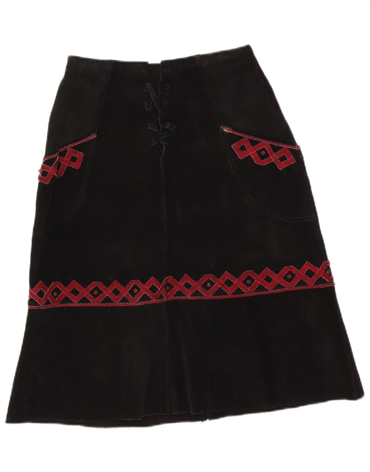 Vintage Womens Suede Midi Skirt W28 Medium Black Geometric