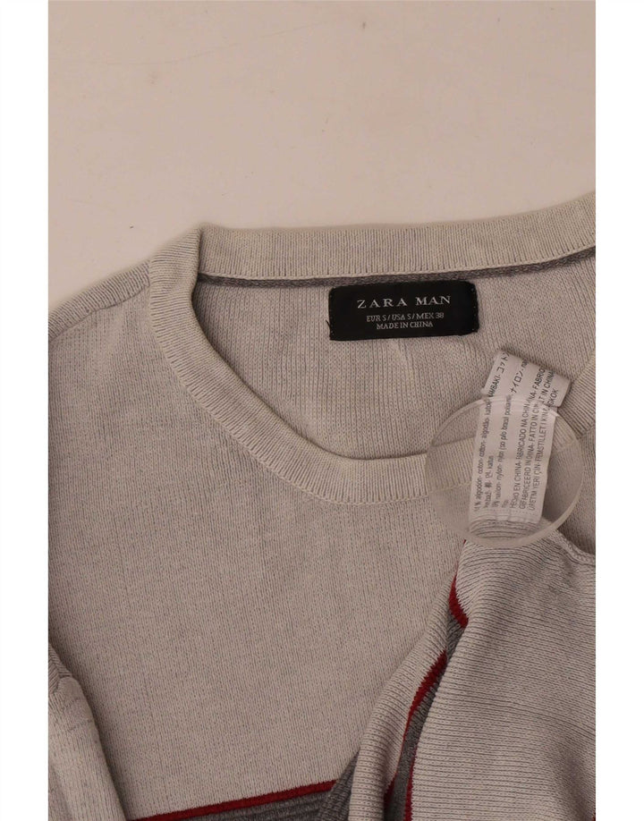 Zara Mens Crew Neck Jumper Sweater Small Grey Striped Cotton