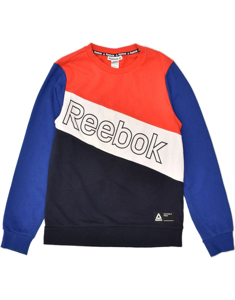 REEBOK Boys Graphic Sweatshirt Jumper 14-15 Years XL Blue Colourblock | Vintage Reebok | Thrift | Second-Hand Reebok | Used Clothing | Messina Hembry 