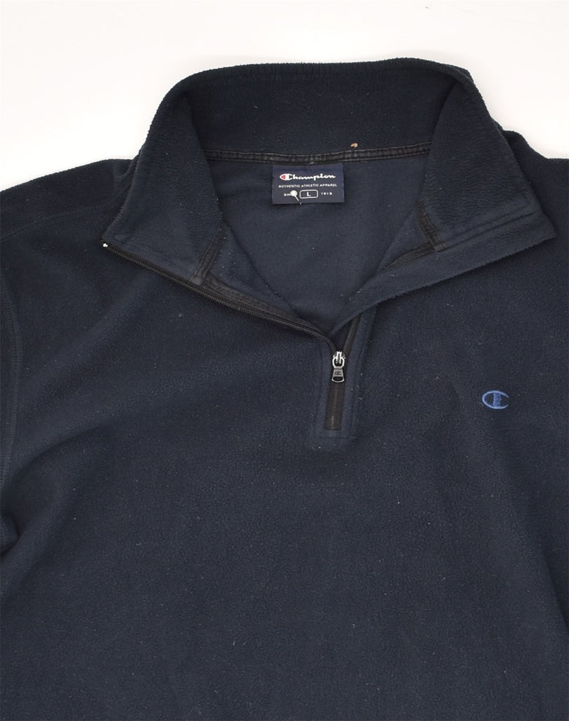 CHAMPION Mens Zip Neck Fleece Jumper Large Navy Blue Polyester | Vintage Champion | Thrift | Second-Hand Champion | Used Clothing | Messina Hembry 