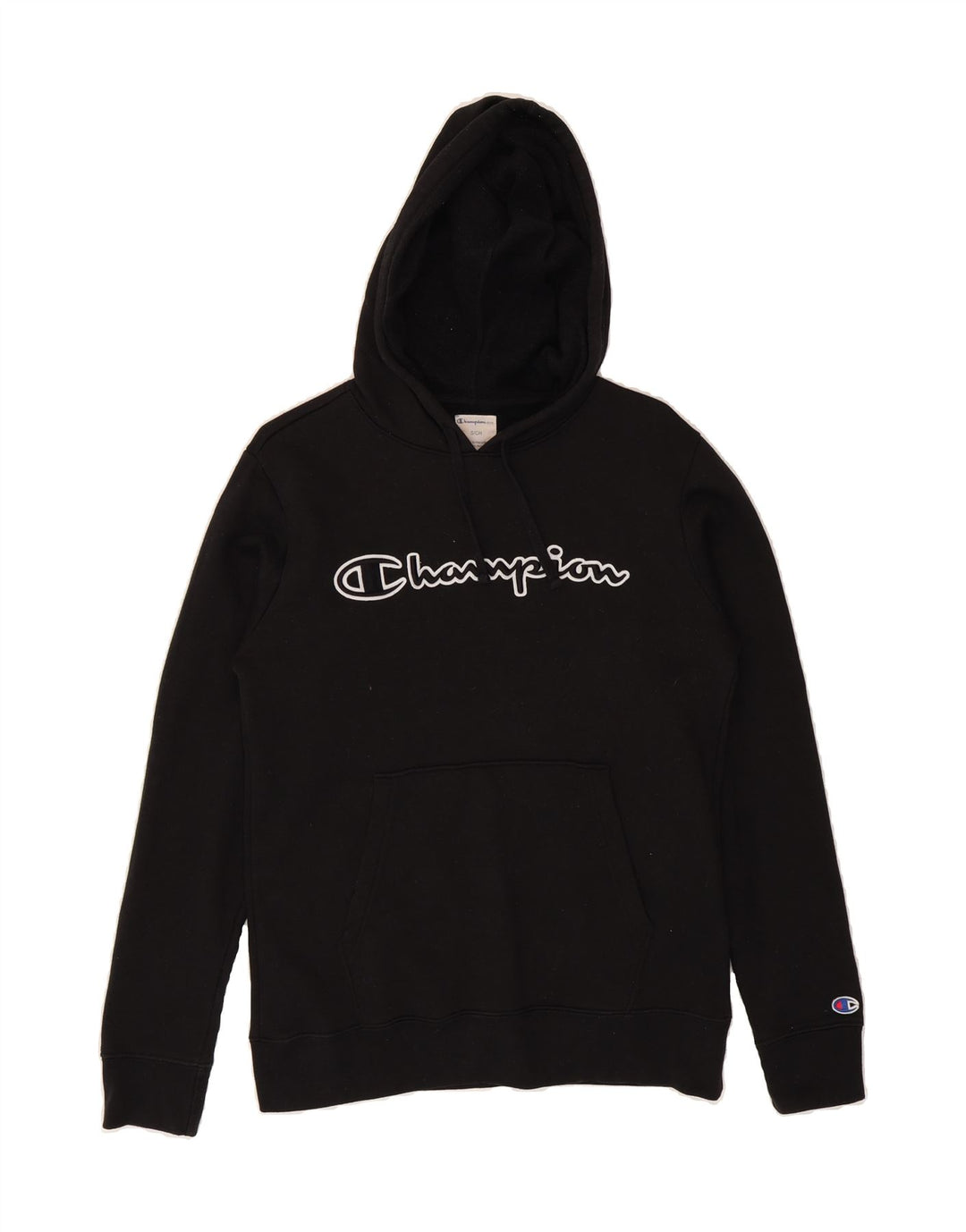 CHAMPION Mens Graphic Hoodie Jumper Small Black Cotton Vintage Champion and Second-Hand Champion from Messina Hembry 