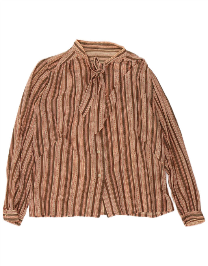 Vintage Womens Front Tie Shirt Blouse UK 16 Large Brown Striped