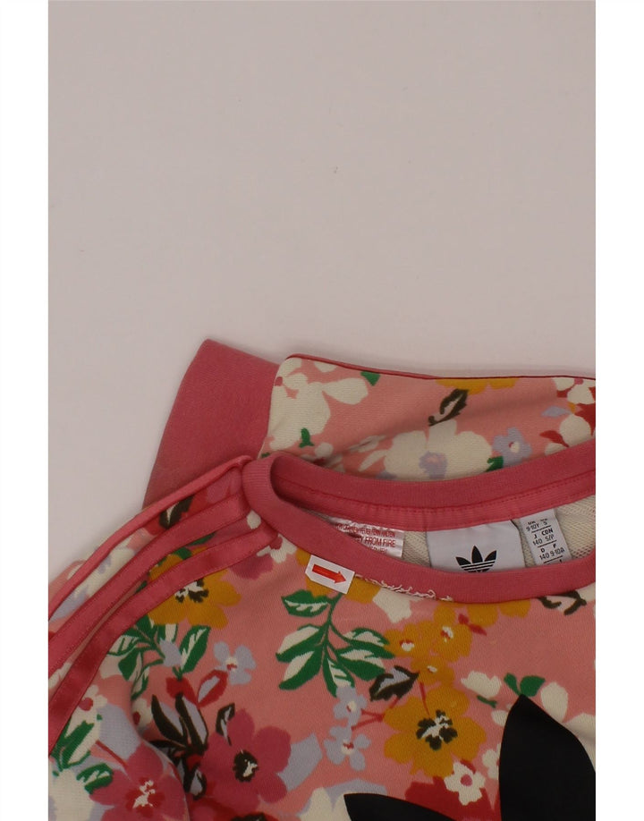 ADIDAS Girls Graphic Sweatshirt Jumper 9-10 Years Pink Floral Cotton