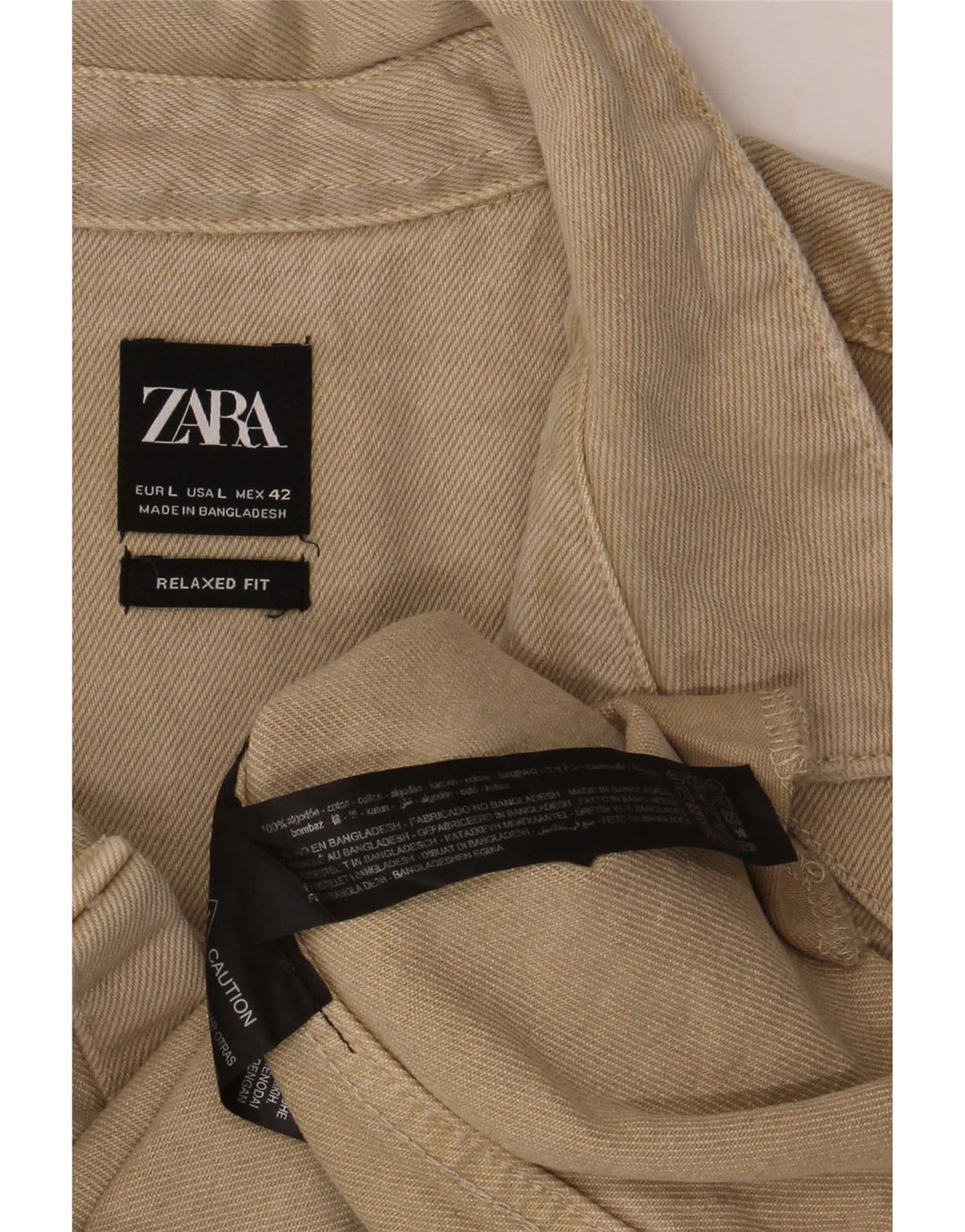 Zara Mens Distressed Relaxed Fit Denim Shirt Large Beige Cotton