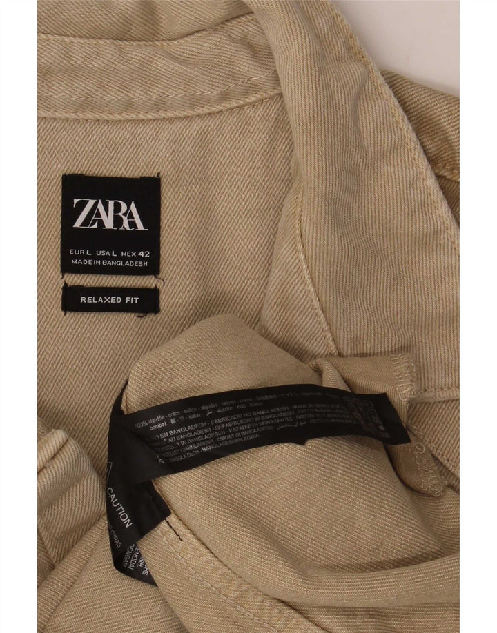 Zara Mens Distressed Relaxed Fit Denim Shirt Large Beige Cotton