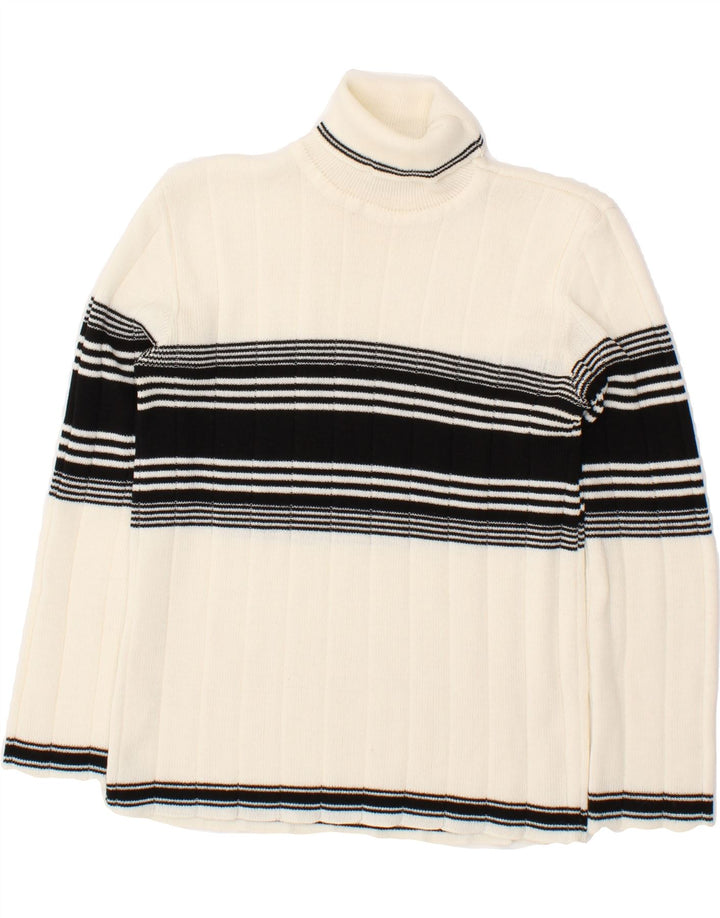 VINTAGE Womens Roll Neck Jumper Sweater UK 14 Medium White Striped Cotton Vintage Vintage and Second-Hand Vintage from Messina Hembry 