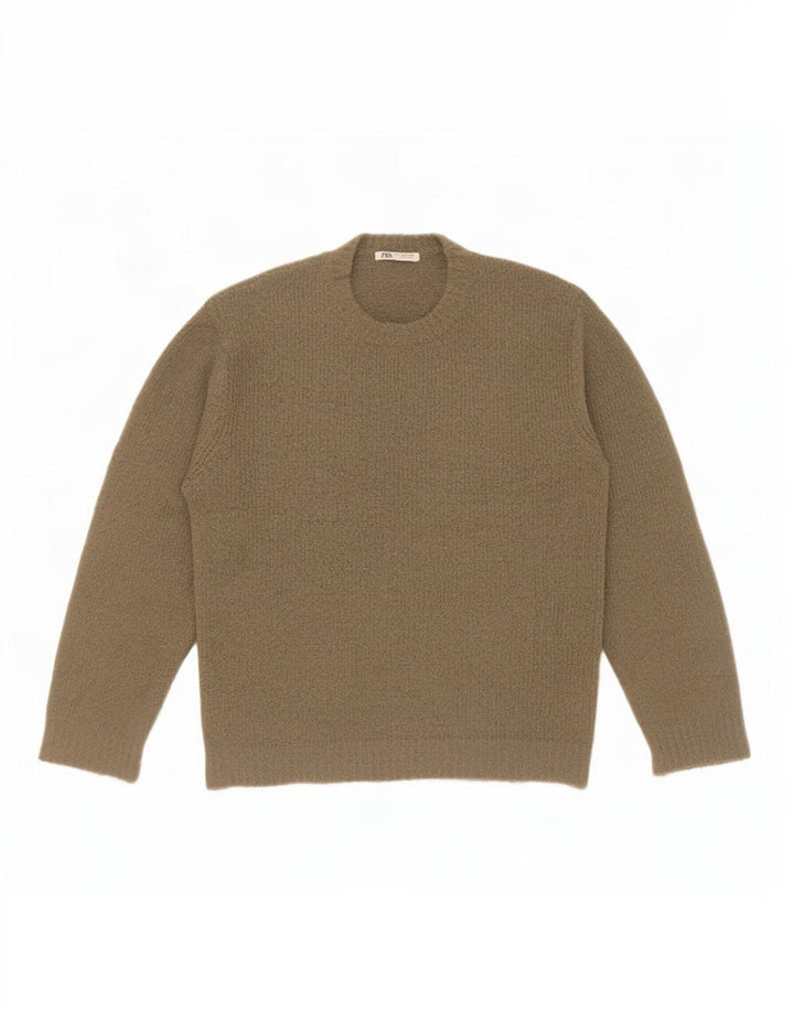 Zara Mens Crew Neck Jumper Sweater Medium Khaki Acrylic