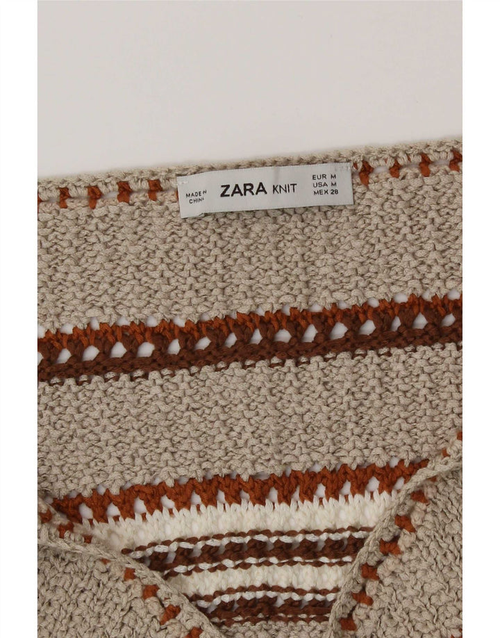 Zara Womens Knit Sleeveless Crop Top UK 12 Medium Beige Striped