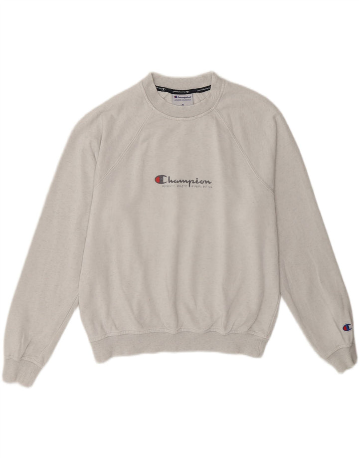 CHAMPION Womens Oversized Graphic Sweatshirt Jumper UK 6 XS Grey Flecked Vintage Champion and Second-Hand Champion from Messina Hembry 