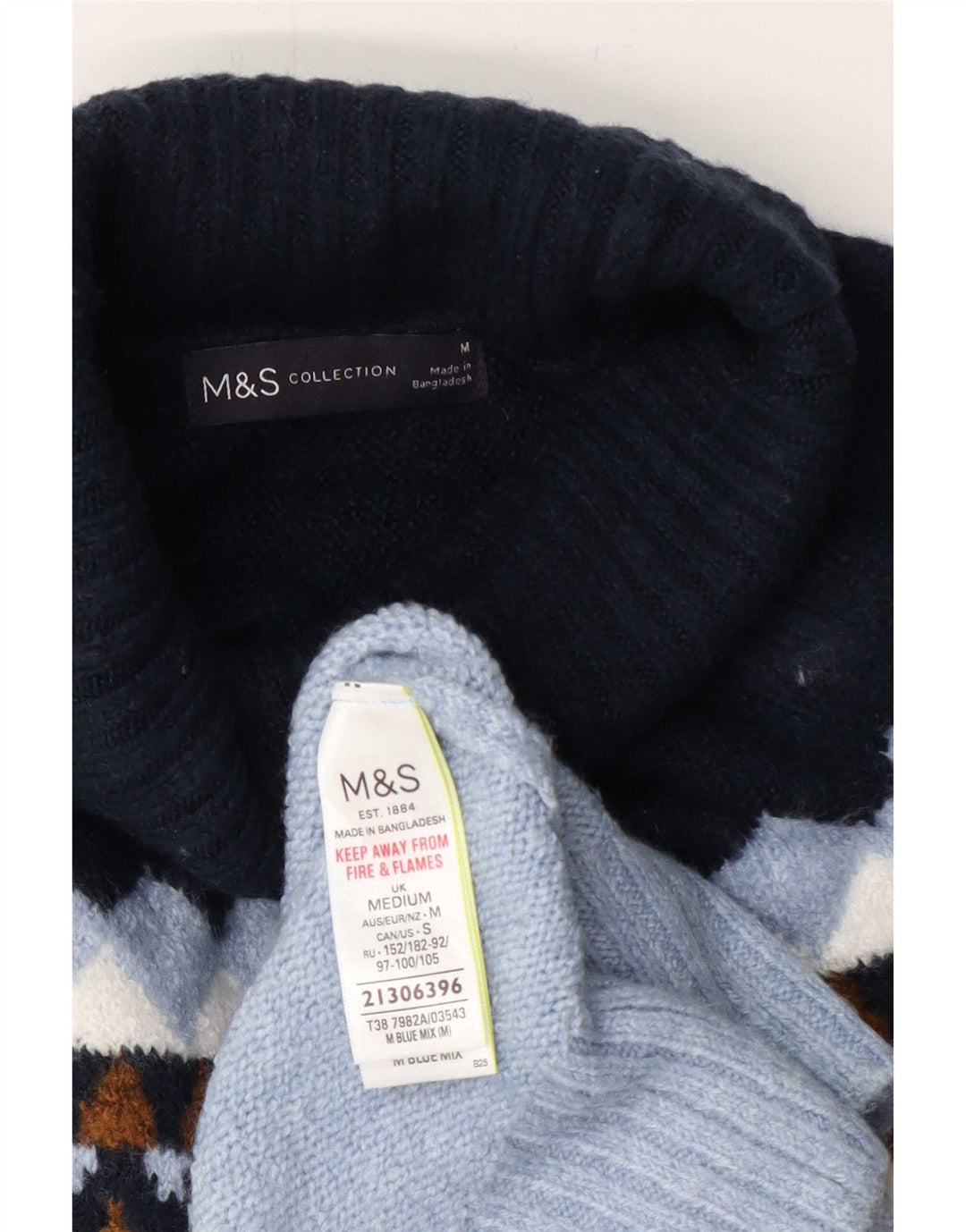 Marks & Spencer Womens Roll Neck Jumper Sweater UK 14 Medium Blue Geometric