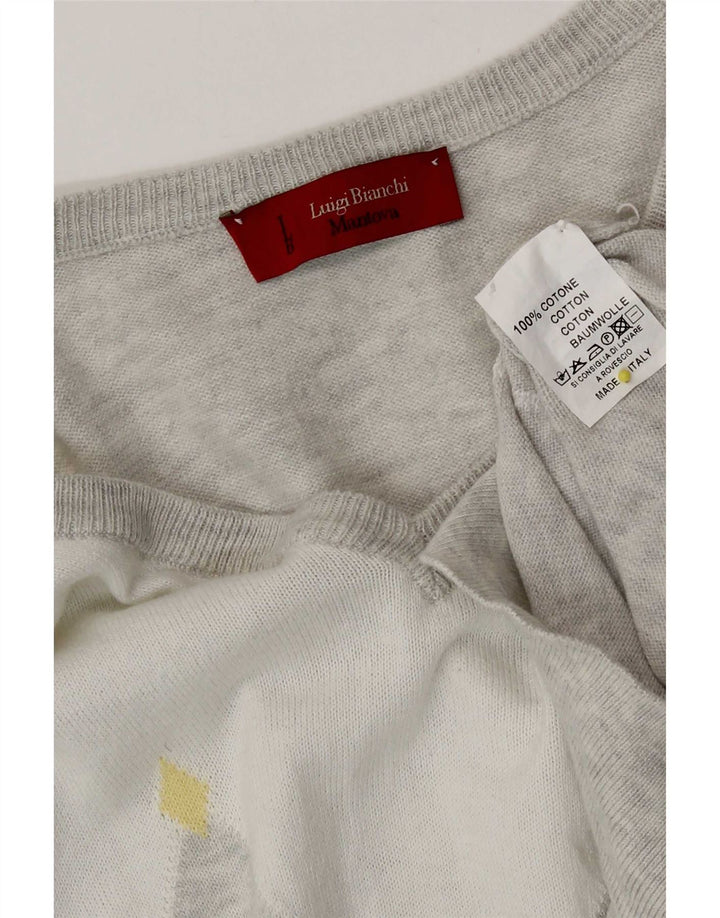 Luigi Bianchi Mens V-Neck Jumper Sweater Medium Grey Argyle/Diamond Cotton