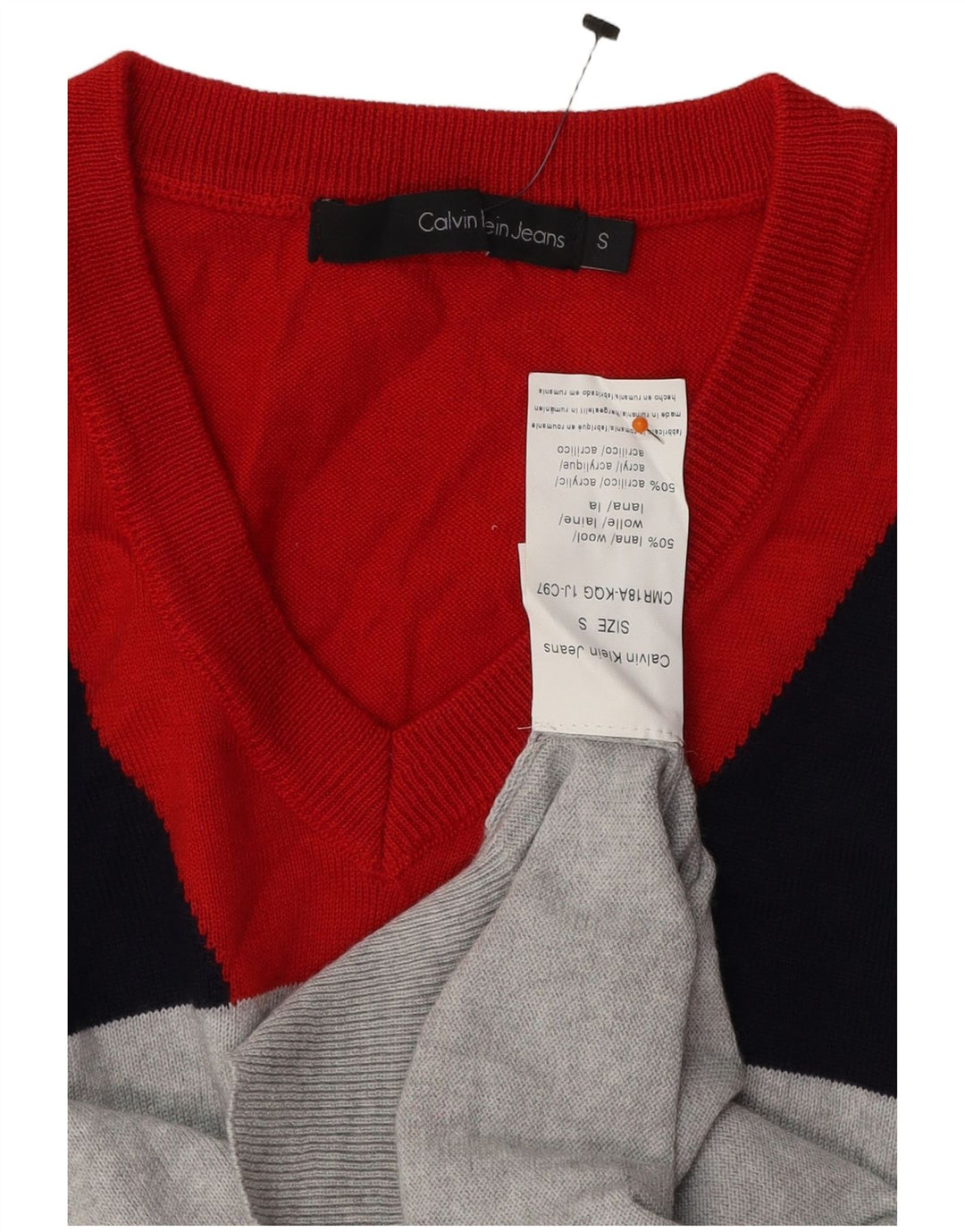 CALVIN KLEIN JEANS Mens V-Neck Jumper Sweater Small Grey Colourblock Wool Vintage Calvin Klein Jeans and Second-Hand Calvin Klein Jeans from Messina Hembry 