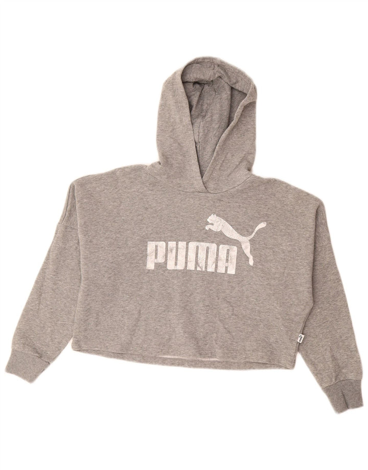 PUMA Girls Crop Graphic Hoodie Jumper 9-10 Years  Grey Cotton